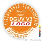 Prüfziffernaufkleber nach DGUV V3 in orange, mit Angabe des nächsten Prüftermins und Durchmesser von 25-50mm.