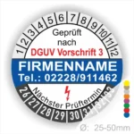 Prüfsiegel gemäß DGUV Vorschrift 3 mit Platz für Firmennamen und Kontaktnummer, nächster Prüftermin angezeigt, Durchmesser 25-50mm.