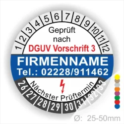 Prüfsiegel gemäß DGUV Vorschrift 3 mit Platz für Firmennamen und Kontaktnummer, nächster Prüftermin angezeigt, Durchmesser 25-50mm.