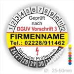 Prüfsiegel gemäß DGUV Vorschrift 3, mit Platz für den Firmennamen und Kontaktdaten, zeigt den nächsten Prüftermin und Durchmesser von 25-50mm.