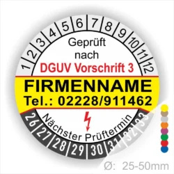 Prüfsiegel gemäß DGUV Vorschrift 3, mit Platz für den Firmennamen und Kontaktdaten, zeigt den nächsten Prüftermin und Durchmesser von 25-50mm.
