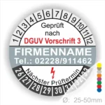 Prüfsiegel nach DGUV Vorschrift 3 mit Platz für Firmenname und Telefonnummer, zeigt den nächsten Prüftermin und ist für Geräte mit einem Durchmesser von 25-50 mm geeignet.