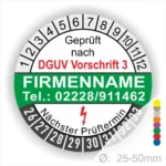 Prüfsiegel mit DGUV Vorschrift 3, Firmenname und Kontaktnummer, zeigt nächsten Prüftermin und Durchmesser von 25-50mm.