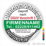 Prüfzertifikat gemäß DGUV Vorschrift 3 mit Firmenname, Kontaktnummer und Adresse. Enthält Prüfdatum und nächste Prüfung für Geräte mit einem Durchmesser von 25-50 mm.