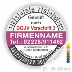 Prüfziffern und Kontaktdaten eines Unternehmens gemäß DGUV Vorschrift 3, einschließlich Adresse und nächstem Prüftermin, auf einem Prüfaufkleber für Geräte mit einem Durchmesser von 25-50 mm.