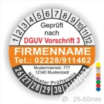 Sicherheitskennzeichnung für Prüfmittel, geprüft nach DGUV Vorschrift 3, mit Firmenname, Adresse und Kontaktdaten. Zeigt den nächsten Prüftermin und Durchmesserbereich von 25-50 mm an.