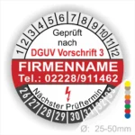 Prüfsiegel nach DGUV Vorschrift 3 mit Platz für Firmennamen und Telefonnummer, zeigt den nächsten Prüftermin und ist für Geräte mit einem Durchmesser von 25-50 mm geeignet.