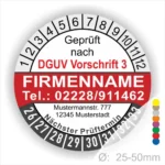 Sicherheitsprüfsiegel nach DGUV Vorschrift 3 mit Kontaktdaten einer Firma, Prüfdatum und nächsten Prüftermin, geeignet für Geräte mit einem Durchmesser von 25-50 mm.