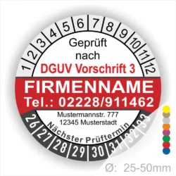 Sicherheitsprüfsiegel nach DGUV Vorschrift 3 mit Kontaktdaten einer Firma, Prüfdatum und nächsten Prüftermin, geeignet für Geräte mit einem Durchmesser von 25-50 mm.