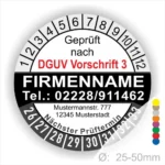 Prüfzertifikat nach DGUV Vorschrift 3 für Unternehmen, inklusive Kontaktinformationen und nächstem Prüftermin. Durchmesser 25-50 mm, mit Firmennamen und Adresse.