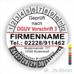 Prüfziffernblatt für DGUV Vorschrift 3 mit Firmenname, Kontaktdaten und nächstem Prüftermin, geeignet für Geräte mit einem Durchmesser von 25-50 mm.