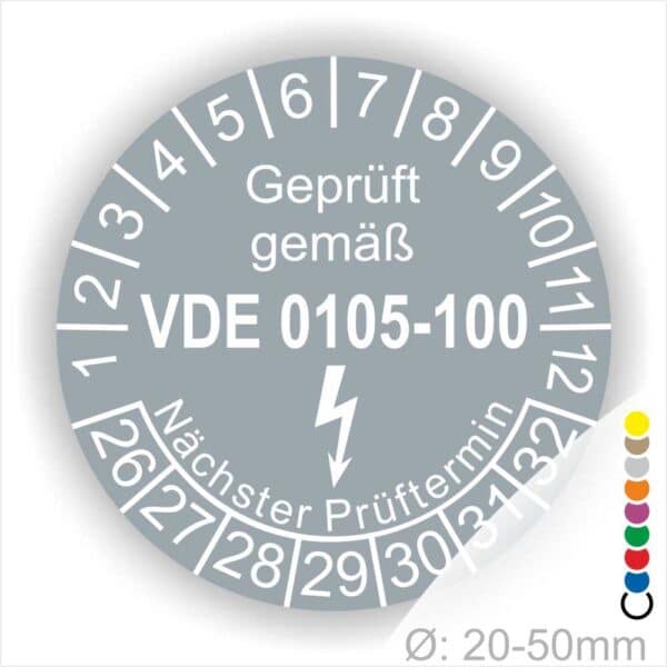 Prüfplaketten rund, Text "geprüft gemäß VDE 0105-100" Farbe- Grau Startjahr- 26 mit Elektro Pfeil, Monatszahlen Oben und Jahreszahlen Unten