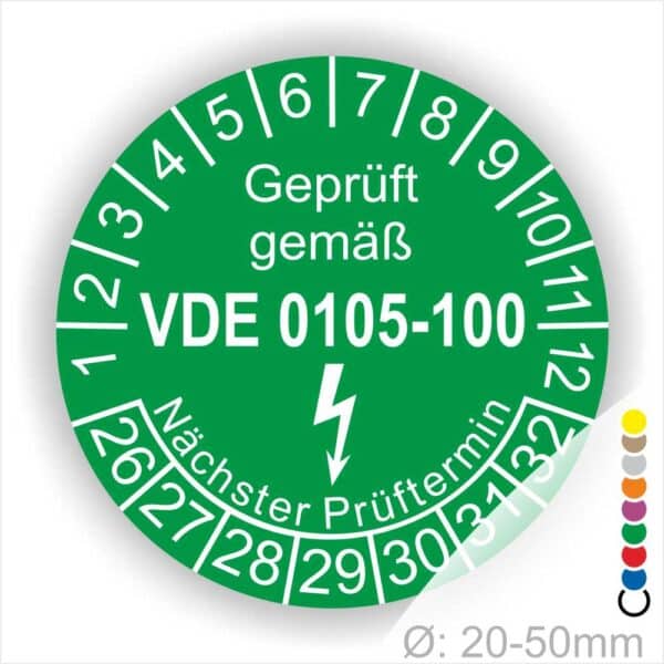 Prüfplaketten rund, Text "geprüft gemäß VDE 0105-100" Farbe- Grün Startjahr- 26 mit Elektro Pfeil, Monatszahlen Oben und Jahreszahlen Unten