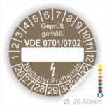 Prüfplakette mit Leerfeld zum Beschriften VDE-0701-0702 Farbe- Braun Startjahr- 26 mit Elektro Pfeil Monatszahlen und Jahreszahlen