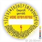 Prüfplakette mit Leerfeld zum Beschriften VDE-0701-0702 Farbe- Gelb Startjahr- 26 mit Elektro Pfeil Monatszahlen und Jahreszahlen