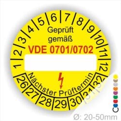Prüfplakette mit Leerfeld zum Beschriften VDE-0701-0702 Farbe- Gelb Startjahr- 26 mit Elektro Pfeil Monatszahlen und Jahreszahlen
