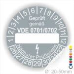 Prüfplakette mit Leerfeld zum Beschriften VDE-0701-0702 Farbe- Grau Startjahr- 24 mit Elektro Pfeil Monatszahlen und Jahreszahlen