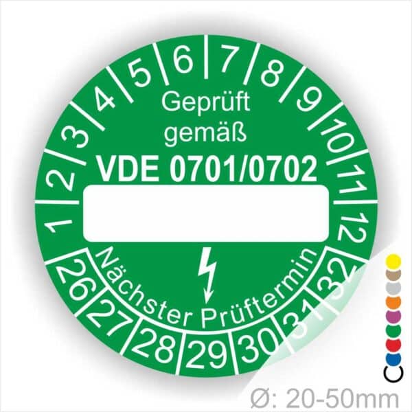 Prüfplakette mit Leerfeld zum Beschriften VDE-0701-0702 Farbe- Lila Startjahr- 26 mit Elektro Pfeil Monatszahlen und Jahreszahlen