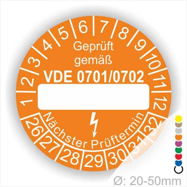 Prüfplakette mit Leerfeld zum Beschriften VDE-0701-0702 Farbe- Orange Startjahr- 26 mit Elektro Pfeil Monatszahlen und Jahreszahlen