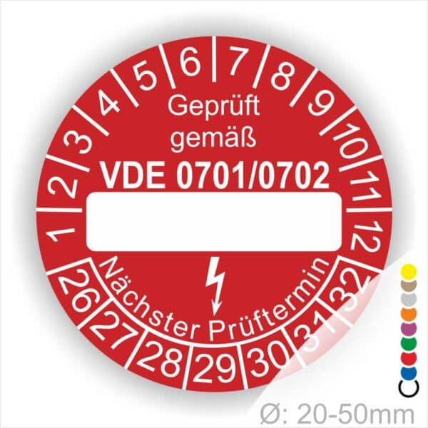 Prüfplakette mit Leerfeld zum Beschriften VDE-0701-0702 Farbe- Rot Elektro Pfeil Monatszahlen und Jahreszahlen