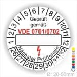 Prüfplakette mit Leerfeld zum Beschriften VDE-0701-0702 Farbe- Weiß Startjahr- 26 mit Elektro Pfeil Monatszahlen und Jahreszahlen
