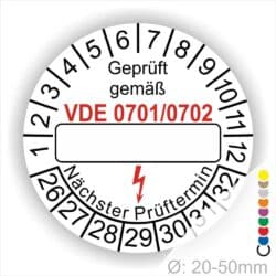 Prüfplakette mit Leerfeld zum Beschriften VDE-0701-0702 Farbe- Weiß Startjahr- 26 mit Elektro Pfeil Monatszahlen und Jahreszahlen