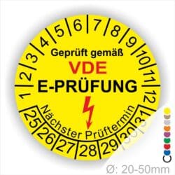 VDE E-Pruefung Pruefplaketten rund Text "geprüft gemäß VDE E-Prüfung" Farbe- Gelb Startjahr- 25 mit Elektro Pfeil, Monatszahlen Oben und Jahreszahlen Unten