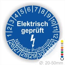 Prüfplaketten rund, Text "Elektrisch geprüft" Farbe- Blau Startjahr- 26 mit Elektro Pfeil, Monatszahlen Oben und Jahreszahlen Unten in Kreisform