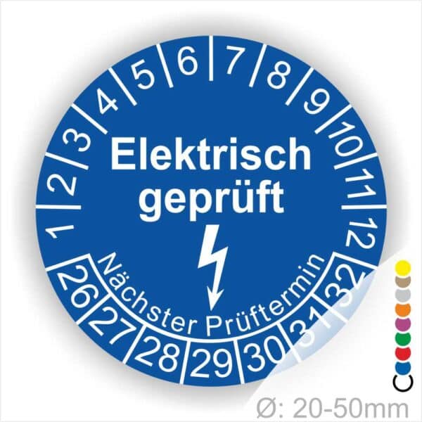 Prüfplaketten rund, Text "Elektrisch geprüft" Farbe- Blau Startjahr- 26 mit Elektro Pfeil, Monatszahlen Oben und Jahreszahlen Unten in Kreisform