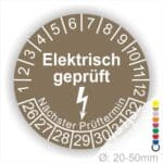 Prüfplaketten rund, Text "Elektrisch geprüft" Farbe- Braun Startjahr- 26 mit Elektro Pfeil, Monatszahlen Oben und Jahreszahlen Unten in Kreisform