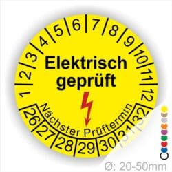 Prüfplaketten rund, Text "Elektrisch geprüft" Farbe- Gelb Startjahr- 26 mit Elektro Pfeil in Rot, Monatszahlen Oben und Jahreszahlen Unten in Kreisform