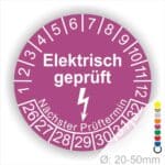 Prüfplaketten rund Farbe- Lila, Text "Elektrisch geprüft" in Weiß Startjahr- 26 mit Elektro Pfeil, Monatszahlen Oben und Jahreszahlen Unten in Kreisform