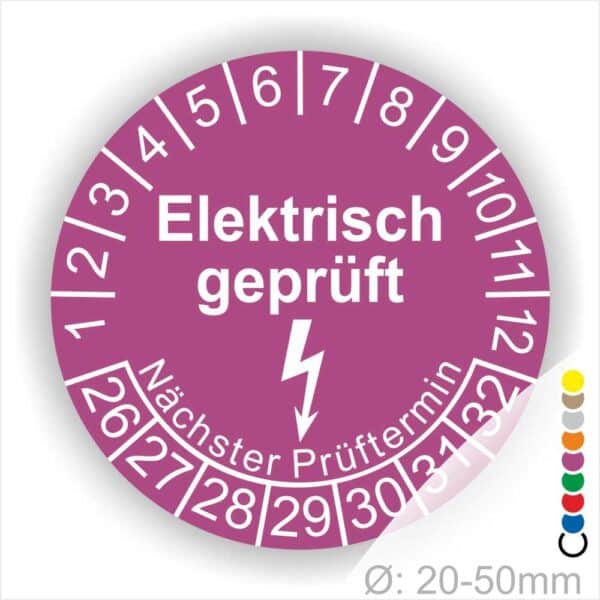 Prüfplaketten rund Farbe- Lila, Text "Elektrisch geprüft" in Weiß Startjahr- 26 mit Elektro Pfeil, Monatszahlen Oben und Jahreszahlen Unten in Kreisform