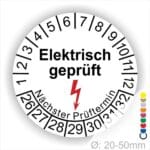 Prüfplaketten rund, Text "Elektrisch geprüft" Farbe- Weiß Startjahr- 26 mit Elektro Pfeil in Rot, Monatszahlen Oben und Jahreszahlen Unten in Kreisform