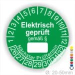 Pruefplakette mit Text Elektrisch geprüft gemäß Paragrapf als Zeichen und Beschriftungfeld zum eintragen des Paragraphs Farbe- Grün Startjahr- 26 mit Monatszahlen Oben und Jahreszahlen Unten Form ist Rund