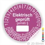 Pruefplakette mit Text Elektrisch geprüft gemäß Paragrapf als Zeichen und Beschriftungfeld zum eintragen des Paragraphs Farbe- Lila Startjahr- 26 mit Monatszahlen Oben und Jahreszahlen Unten Form ist Rund