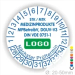 Individuelle STK MTK Wartungsaufkleber Medizinprodukte mit Logo, MPBetreibV DGUV V3 DIN VDE 0751-1, Monats- und Jahresring, nächster Prüftermin, Durchmesser 20–50 mm