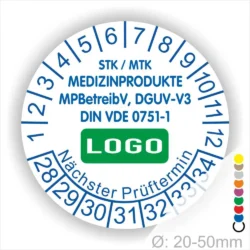 Individuelle STK MTK Wartungsaufkleber Medizinprodukte mit Logo, MPBetreibV DGUV V3 DIN VDE 0751-1, Monats- und Jahresring, nächster Prüftermin, Durchmesser 20–50 mm