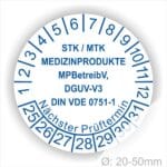 Prüfplaketten, Prüfetiketten rund, Farbe- Weiß, Text "STK/MTK MEDIZINPRODUKTE MPBetreibV, DGUV-V3, DIN VDE 0751-1 Nächster Prüftermin" in Blau. Startjahr- 25, Monatszahlen Oben und Jahreszahlen Unten in Kreisform. über den Jahreszahlen Text.