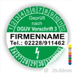 Grünes Prüfzeichen nach DGUV Vorschrift 3 mit Platz für Firmenname und Telefonnummer, Durchmesser zwischen 25-50 mm.