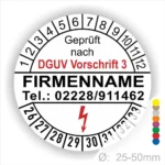 Rundschild mit der Aufschrift "Geprüft nach DGUV Vorschrift 3", Platz für Firmennamen und Kontaktnummer, geeignet für Prüfplaketten im Bereich Sicherheit und Gesundheitsschutz am Arbeitsplatz, Durchmesser von 25-50mm.