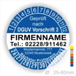 Sicherheitsprüfsiegel gemäß DGUV Vorschrift 3 mit Platz für Firmennamen, Telefonnummer und Adresse, das nächste Prüfdatum anzeigt. Durchmesser von 25-50 mm, geeignet für die Kennzeichnung von geprüften Geräten.