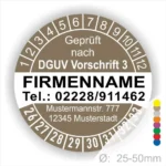 Rundes Prüfzeichen gemäß DGUV Vorschrift 3 mit Platz für Firmennamen, Telefonnummer und Adresse. Durchmesser zwischen 25 und 50 mm, geeignet für Sicherheits- und Prüfzwecke in Unternehmen.
