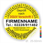 Prüfsiegel gemäß DGUV Vorschrift 3, gelb, mit Kontaktinformationen und nächstem Prüftermin. Geeignet für Geräte mit einem Durchmesser von 25-50 mm.