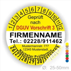 Prüfsiegel gemäß DGUV Vorschrift 3, gelb, mit Kontaktinformationen und nächstem Prüftermin. Geeignet für Geräte mit einem Durchmesser von 25-50 mm.