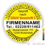 Sicherheitsprüfungssiegel gemäß DGUV Vorschrift 3, mit Platz für Firmennamen und Kontaktdaten, farbige Markierungen und Durchmesserangabe von 25-50mm.