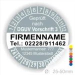 Rundes Prüfsiegel nach DGUV Vorschrift 3 mit Platz für Firmennamen, Telefonnummer und Adresse. Durchmesser von 25-50 mm, ideal für Unternehmen zur Kennzeichnung von geprüften Geräten.