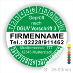 Grünes Prüfzeichen nach DGUV Vorschrift 3 mit Platz für Firmenname, Telefonnummer und Adresse. Durchmesser von 25-50 mm, geeignet für Sicherheits- und Qualitätskennzeichnungen.