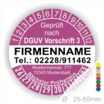 Prüfzertifikat nach DGUV Vorschrift 3, mit Firmenname, Telefonnummer und Adresse. Das Etikett zeigt den nächsten Prüftermin und ist für Durchmesser von 25-50 mm geeignet.