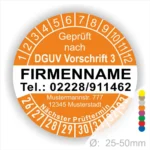 Prüfsiegel gemäß DGUV Vorschrift 3 mit Kontaktdaten der Firma, Adresse und nächstem Prüftermin, für Geräte im Durchmesser von 25-50 mm.